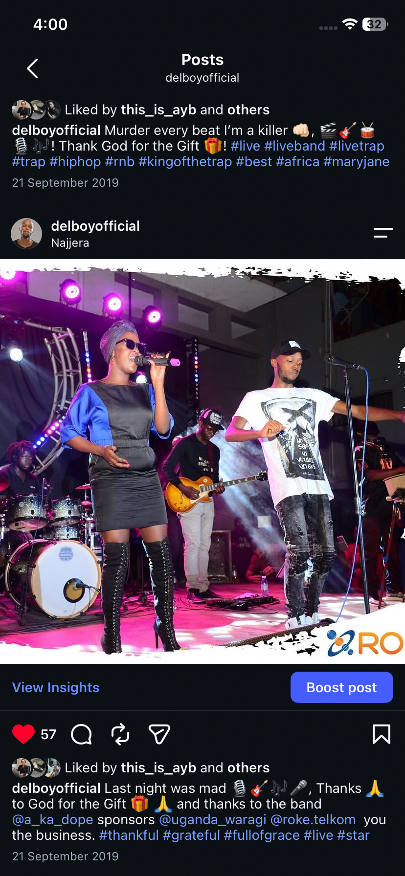 Delboy performing alongside Lilian Mbabazi and the Aka Dope band in 2019